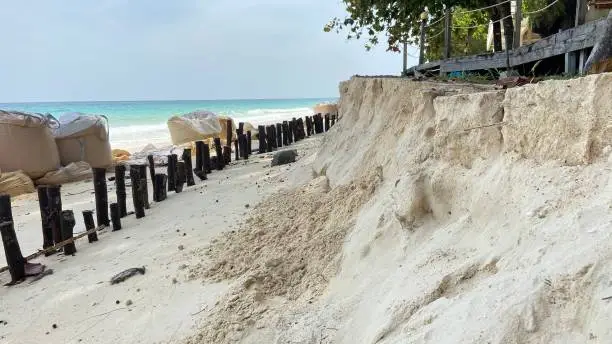 Sand big bag used for Wave Protection or Shoreline Beach Erosion Control.Thailand Andamansea
