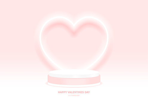 Stage podium decorated with heart shape lighting. Pedestal scene with for product, advertising, show, on light pink background. Valentine's day background. Minimal style. Love. Vector illustration.