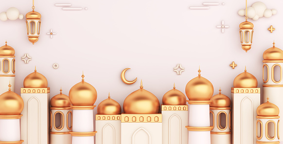 Islamic decoration background with mosque lantern on white, cartoon style, ramadan kareem, mawlid, iftar, isra miraj, eid al fitr adha, muharram, wide composition, copy space text, 3D illustration.