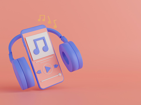 3d rendering music application on smartphone  with headphone on pink background.