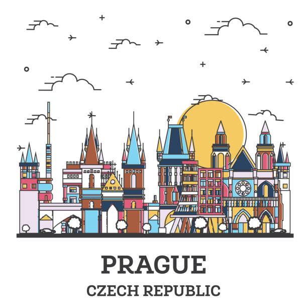umriss prag tschechische republik skyline mit farbigen historischen gebäuden isoliert auf weiß. - prag stock-grafiken, -clipart, -cartoons und -symbole