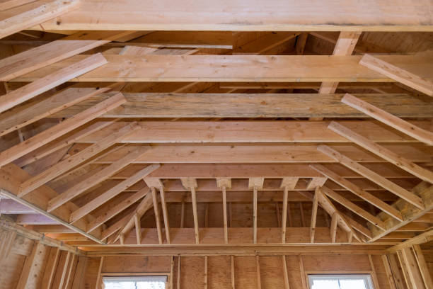 istock Wooden beams ceiling framed building residential home construction interior 1300610170