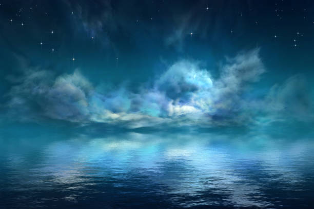 ilustraciones, imágenes clip art, dibujos animados e iconos de stock de fantástico paisaje marino nocturno - sea cloud cloudscape sky