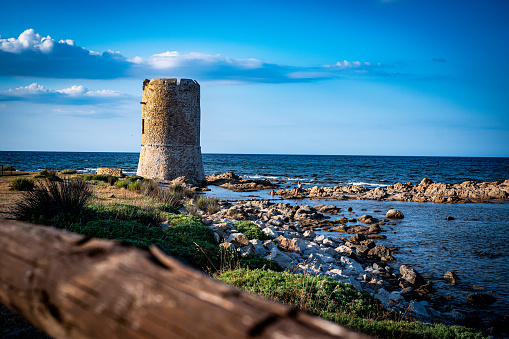 San Giovanni Tower, from Seafront of Siniscola. Builded in 1600, it is an ancient defense tower. It was used for lookout borders and protect the nearby port. You can found it at Siniscola, locality of La Caletta, in Sardinia.