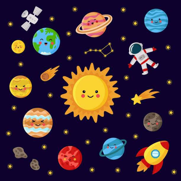 ilustrações de stock, clip art, desenhos animados e ícones de collection of solar system planets and sun. space elements. - rocket earth planetary moon sky