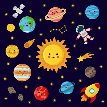Vector illustration of cute kawaii Sun and planets of solar system.