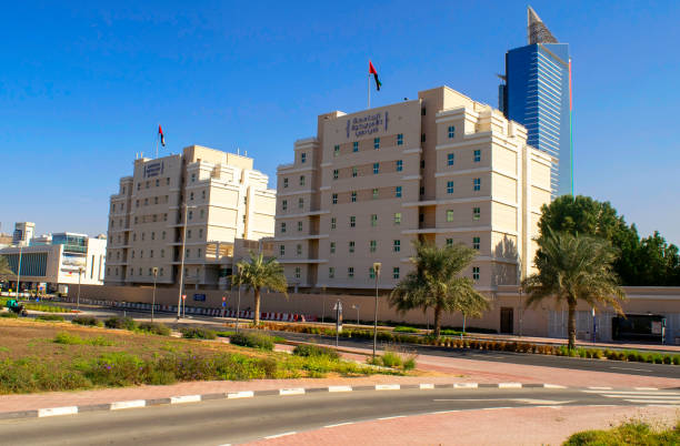 American University building in Dubai. Worldwide famous uni exterior in Dubai Media City. stock photo