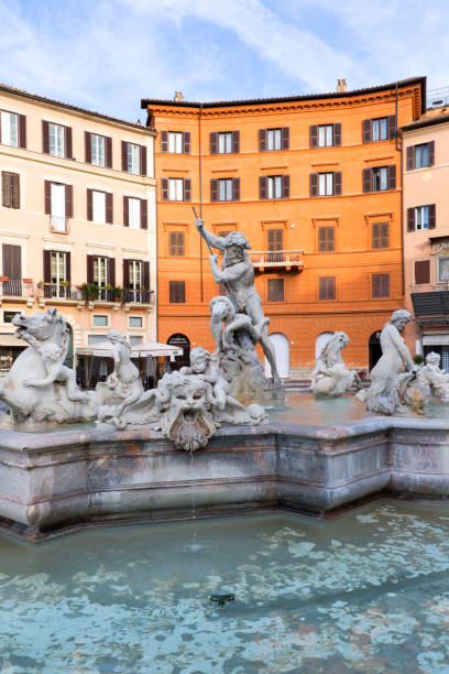 16th century fountain of neptune (fontana del nettuno) located in piazza navona, rome, italy - piazza del nettuno imagens e fotografias de stock