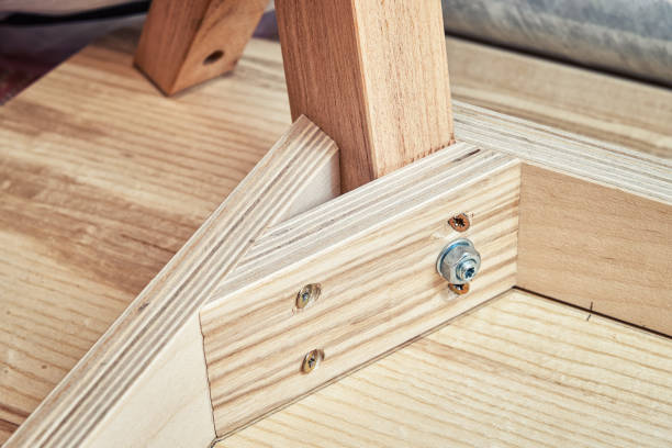 istock Table corner of plywood, veneer and solid ash in workshop 1300620538