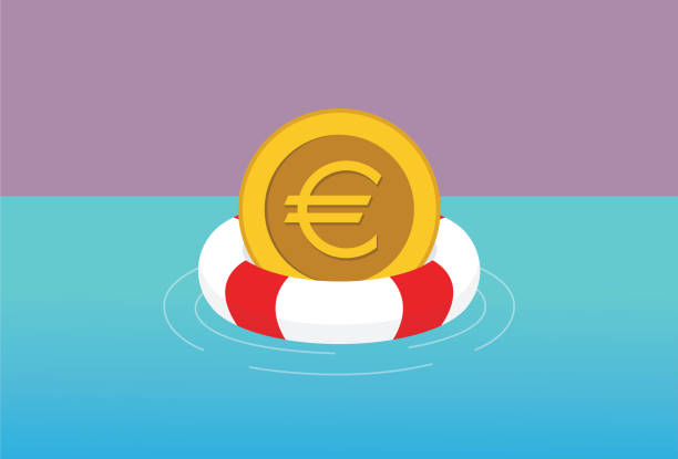 ilustrações de stock, clip art, desenhos animados e ícones de euro coin float with a lifebuoy in a sea - debt finance despair water
