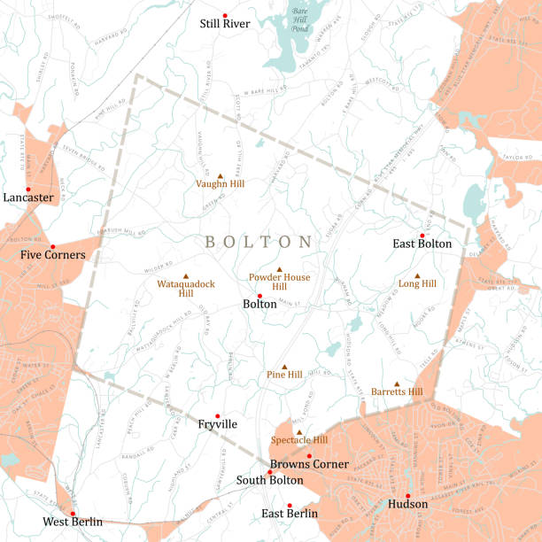 ilustrações, clipart, desenhos animados e ícones de mapa do vetor ma worcester bolton - hudson massachusetts