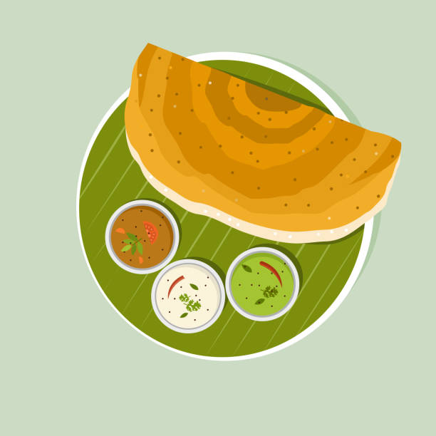 South Indian breakfast dish 'Dosa with Sambar and Chutney' on banana leaf South Indian breakfast dish 'Dosa with Sambar and Chutney' on banana leaf thosai stock illustrations
