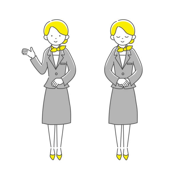 A receptionist(gray suits woman) A receptionist(gray suits woman) One is raising her right hand, one is looking down. bowing cartoon stock illustrations
