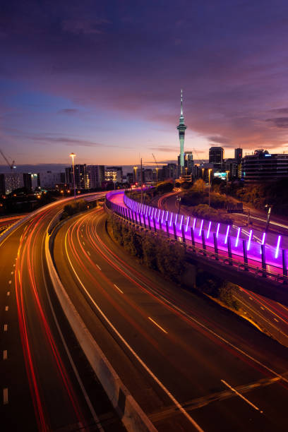 Auckland Sky Tower View of Auckland city skyline, Sky Tower, and motorway with car trails at sunrise. car street blue night stock pictures, royalty-free photos & images