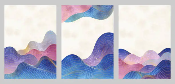 Vector illustration of A set of three backgrounds with watercolor texture and traditional pattern, thin lines, mountains, waves.