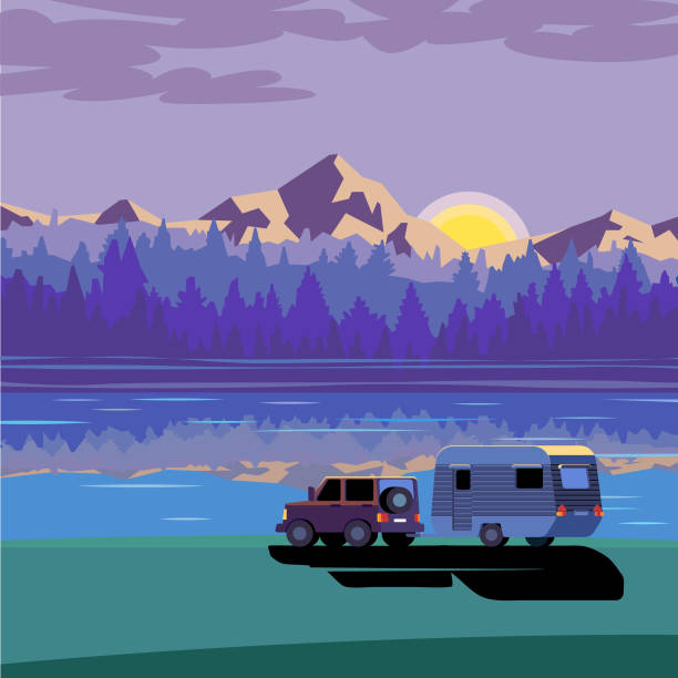 Caravan Caravan and 4X4 Vehicle Near The Lake. Global Colors Used Vector Illustration. trailer home stock illustrations