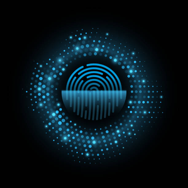 ilustrações de stock, clip art, desenhos animados e ícones de futuristic fingerprint biometric data security. big data cpu. glowing scanning user interface for graphic design. halftone circle. touch screen panel. vector illustration. - biometrics control panel touching fingerprint