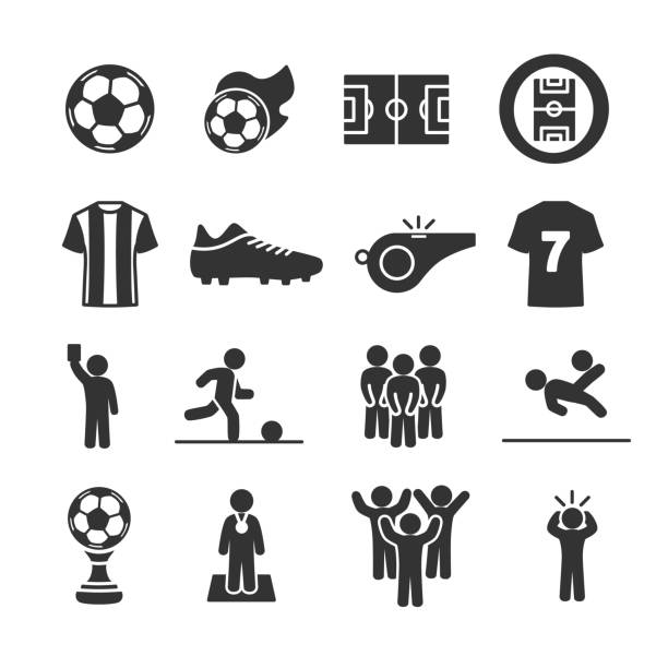 ilustraciones, imágenes clip art, dibujos animados e iconos de stock de conjunto de imágenes vectoriales de iconos de fútbol. - soccer field soccer corner stadium