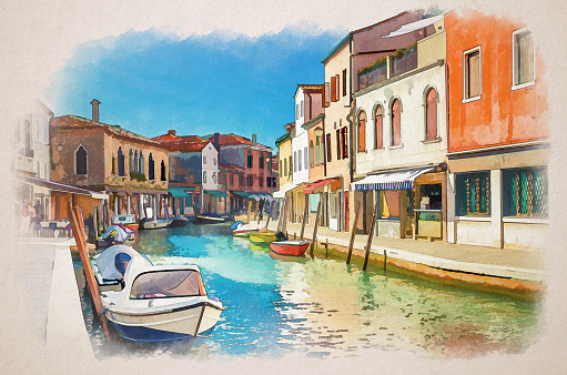 Watercolor drawing of Murano islands with water canal, boats and motor boats, colorful traditional buildings, Venetian Lagoon, Province of Venice, Veneto Region, Italy. Murano postcard cityscape.