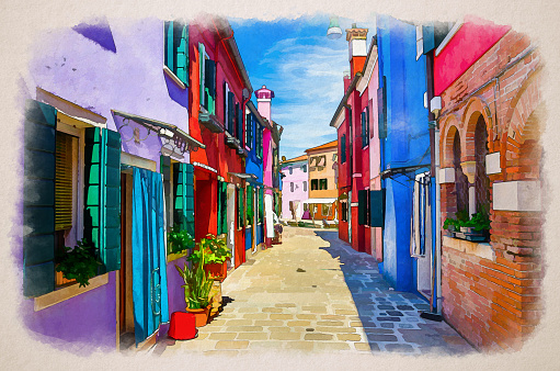 Watercolor drawing of Burano island narrow cobblestone street between colorful houses buildings with multicolored bright walls, blue sky sunny summer day, Venice Province, Veneto Region, Italy