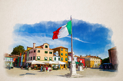 Watercolor drawing of Burano island central town square with old colorful buildings and waving italian flag, blue sky in sunny summer day background, Venice Province, Veneto Region