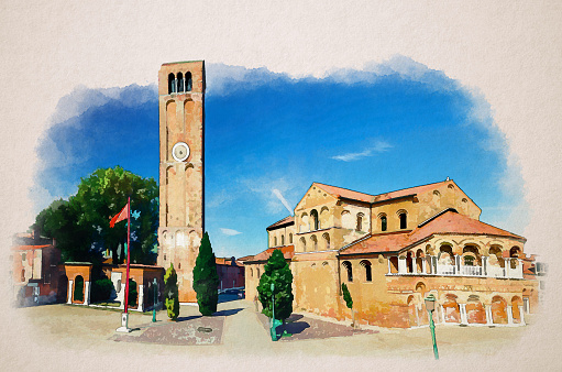 Watercolor drawing of Church of Santa Maria e San Donato and bell tower brick building on Campo San Donato square in Murano islands, Venice province, Veneto Region, Italy. Murano postcard cityscape.