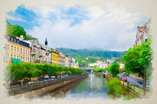 Watercolor drawing of Karlovy Vary Karlsbad historical city centre with Tepla river central embankment, colorful beautiful buildings, Slavkov Forest hills with green trees, Bohemia, Czech Republic