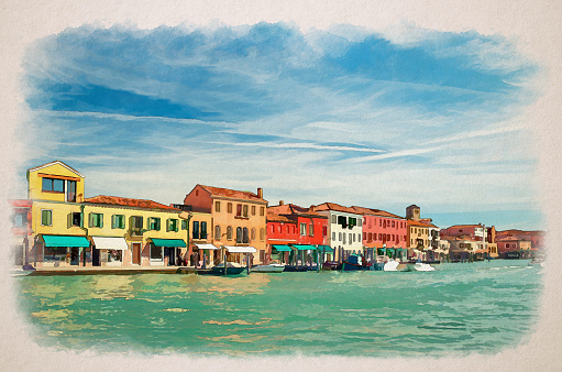 Watercolor drawing of Murano islands water canal, boats and motor boats, row of colorful traditional buildings, Venetian Lagoon, Province of Venice, Veneto Region, Italy. Murano postcard cityscape.
