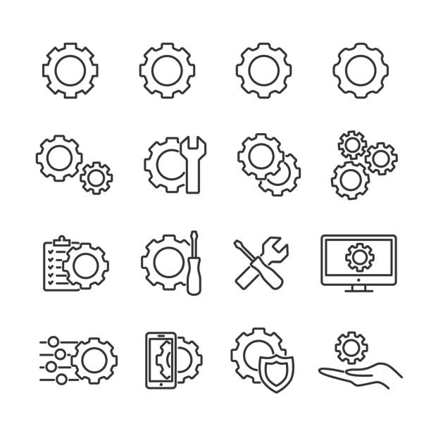 ilustrações, clipart, desenhos animados e ícones de conjunto de imagens vetoriais de configurações ícones da linha. - repairing computer work tool conformity