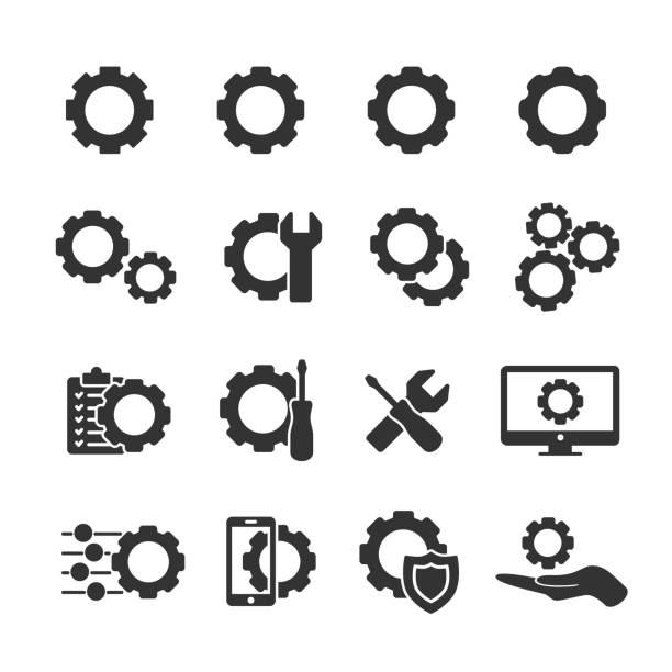 ilustrações, clipart, desenhos animados e ícones de conjunto de imagens vetoriais de ícones de configurações. - repairing computer work tool conformity