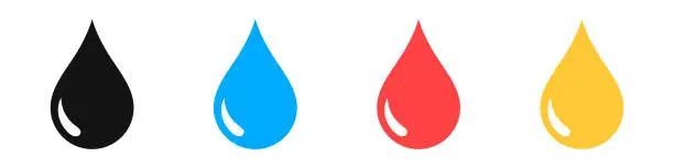 Vector illustration of A set of drops of different colors. Isolated icons on white background. Vector illustration