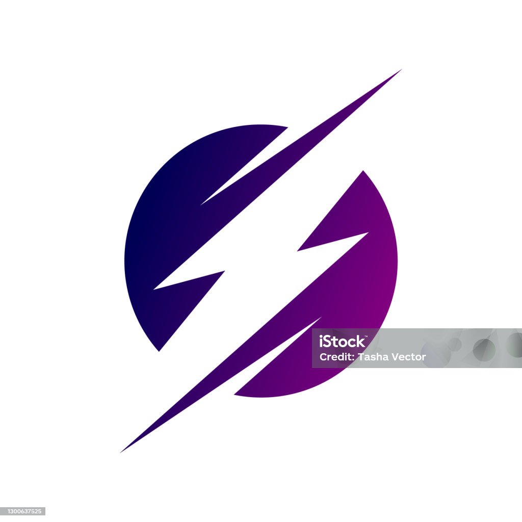 Lightning bolt logo. Electricity icon. Electric energy sign. Purple blue gradient. Thunder bolt in a circle. Flash or power symbol. Speed, fast, quick, rapid concept. Vector illustration, clip art. Lightning stock vector