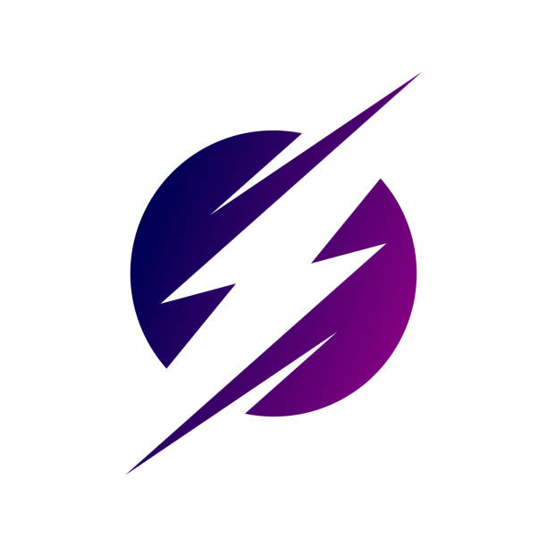 Lightning bolt logo. Electricity icon. Electric energy sign. Purple blue gradient. Thunder bolt in a circle. Flash or power symbol. Speed, fast, quick, rapid concept. Vector illustration, clip art. electricity symbols stock illustrations