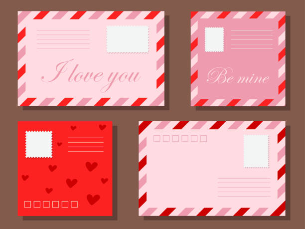 eine reihe von liebesbriefen in umschlägen. bunte umschläge für briefe an ihre liebste. valentinstag-themen umschläge mit leeren briefmarken. ich liebe dich und sei meins. valentinstag. - liebesbrief stock-grafiken, -clipart, -cartoons und -symbole