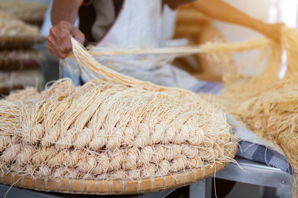 The process of pulling Yellow noodles after for Mee Sua drying in the sunlight Making sun dried Traditional Thai, methods are Chinese noodle vegetable in vegetarian festival.