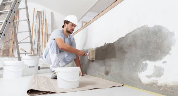 operaio edile pittore con casco protettivo, spazzola in mano e secchi di prodotti per ripristinare e dipingere il muro, all'interno del cantiere di una casa - plaster plasterer wall repairing foto e immagini stock