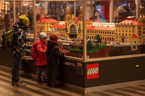Prague, Czech Republic, 12-31-2020. Lego exhibition at Prague main train station (Hlavni Nadrazi) during COVID-19 on December 31, 2020. Replica of Prague main train station.