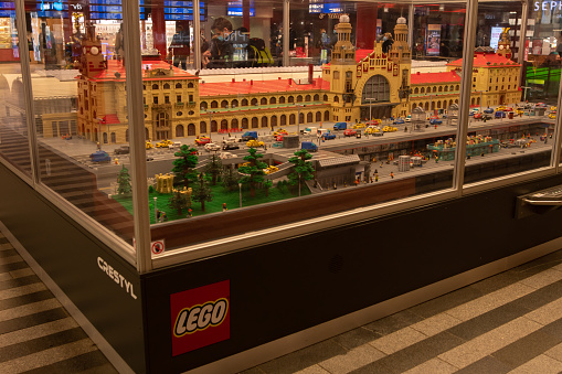 Prague, Czech Republic, 12-31-2020. Lego exhibition at Prague main train station (Hlavni Nadrazi) during COVID-19 on December 31, 2020. Replica of Prague main train station.