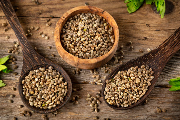 istock Hemp seed in wooden spoons on rustic wooden table 1300643528