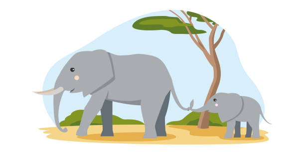 Gray African Elephant With A Baby In Flat Cartoon Style Walking In The  Desert With Trees And Sky Stock Illustration - Download Image Now - iStock