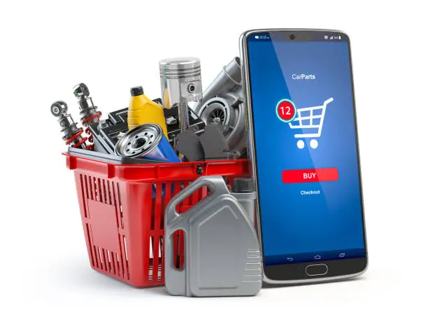Car parts, spares and accesoires in shopping basket and smartphone isolated in white. Online purchasing and delivery of car spare concept. 3d illustration