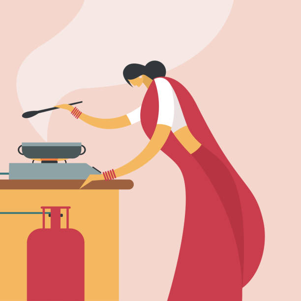 ilustraciones, imágenes clip art, dibujos animados e iconos de stock de una mujer que usa 'sari' cocinando en una cocina usando estufa de gas - lpg