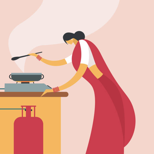 A woman wearing 'Sari' cooking in a kitchen using gas stove A woman wearing 'Sari' cooking in a kitchen using gas stove gas cylinder stock illustrations