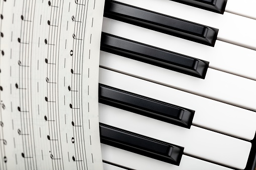 Close up detail music score and black and white keys of a music keyboard