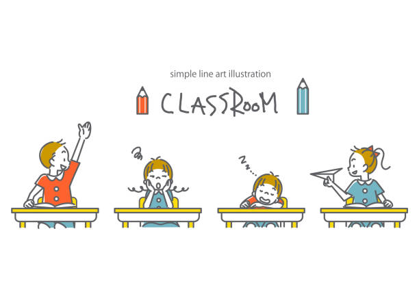 school kids, simple line art illustration school kids, simple line art illustration bored children stock illustrations