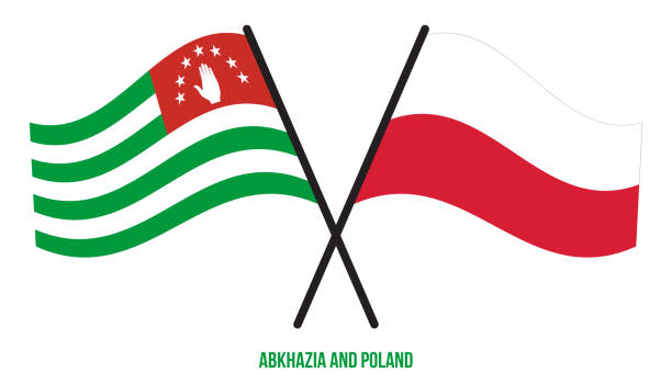 ilustraciones, imágenes clip art, dibujos animados e iconos de stock de abjasia y polonia banderas cruzadas y ondeando estilo plano. proporción oficial. colores correctos. - abkhazian flag