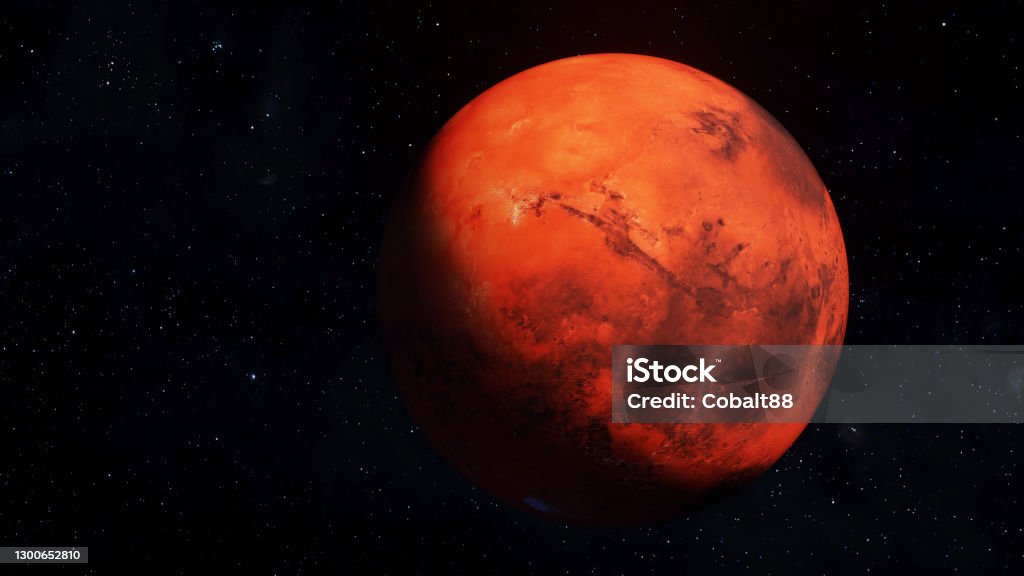Mars planet 3D render illustration, high detailed surface features Mars planet 3D render illustration, high detailed surface features, martian red globe scientific background with stars in the background. Mars - Planet Stock Photo