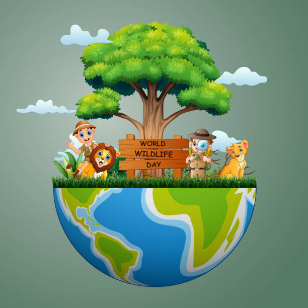 ilustraciones, imágenes clip art, dibujos animados e iconos de stock de cartel del día mundial de la vida silvestre con los niños y leones del zookeeper - 13603