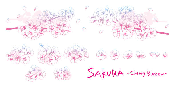 桜のイラストパーツ素材セット　線画グラデーション - 桜吹雪点のイラスト素材／クリップアート素材／マンガ素材／アイコン素材