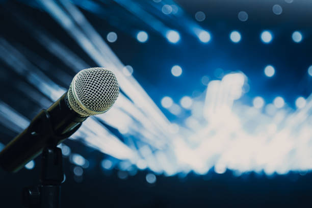 istock Close-up of classic microphone at concert. 1300657979